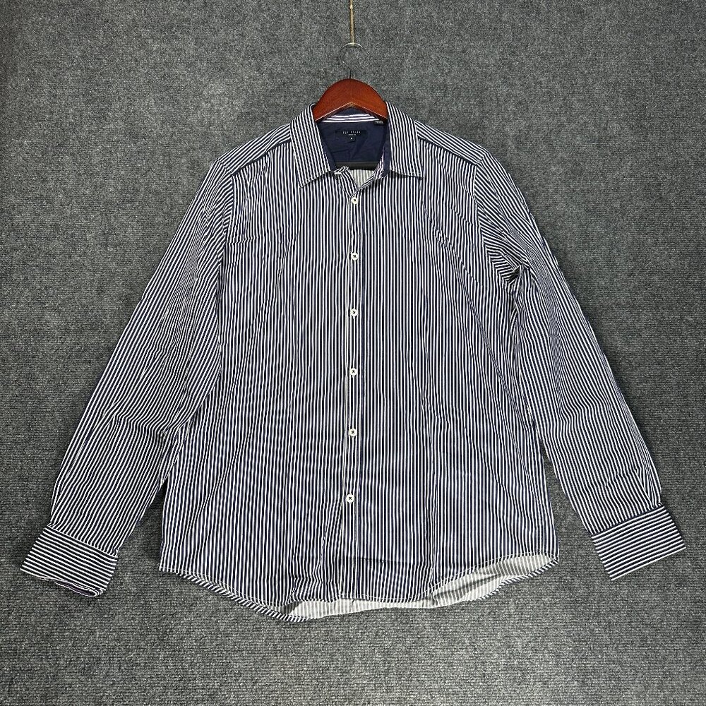 Ted Baker London Shirt Mens Ted 5 US XL Button Up Blue Stripe Cotton Stretch
